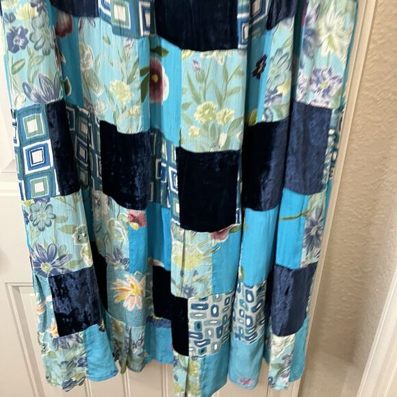 Vintage Midnight Run Blue Patchwork Maxi Skirt Boho Broomstick Mixed Print Sz M - Picture 7 of 13
